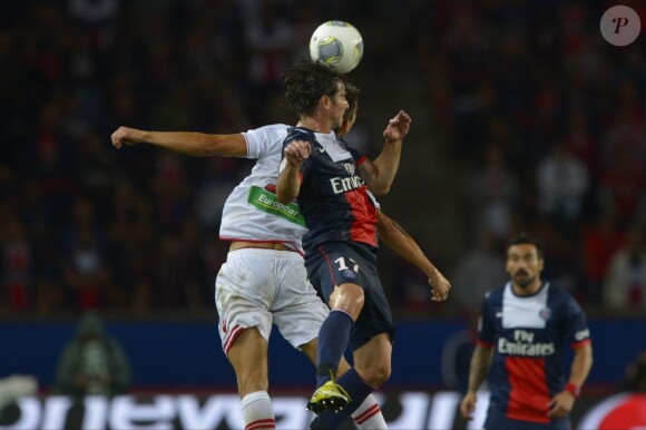 PSG's Maxwell battling Ajaccio's Paul Lasne during the French First League soccer match, PSG vs Ajaccio in Paris, France, on August 18th, 2013. PSG and Ajaccio drew 1-1 Photo by Henri Szwarc/ABACAPRESS.COM19/08/2013 - Paris