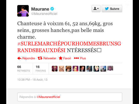 Petite annonce postée par Maurane sur Twitter pour trouver l'amour le 18 août 2013.