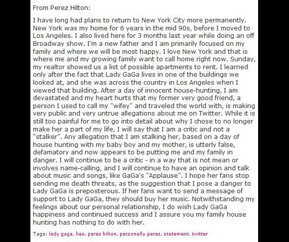 Perez Hilton a posté une déclaration-riposte aux accusations de Lady Gaga, le 18 août, sur son site internet.