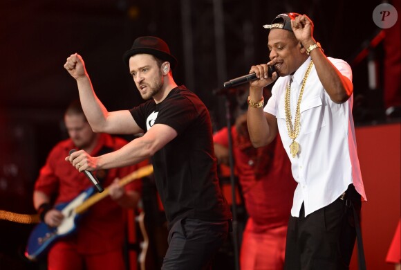 Jay Z et Justin Timberlake lors du Yahoo! Wireless Festival à Londres, le 14 juillet 2013.