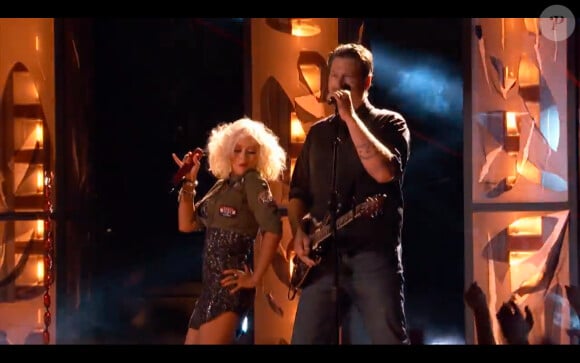 Christina Aguilera et Blake Shelton, coachs de The Voice, lancent la saison 5 de l'émission sur NBC, le 23 septembre 2013.