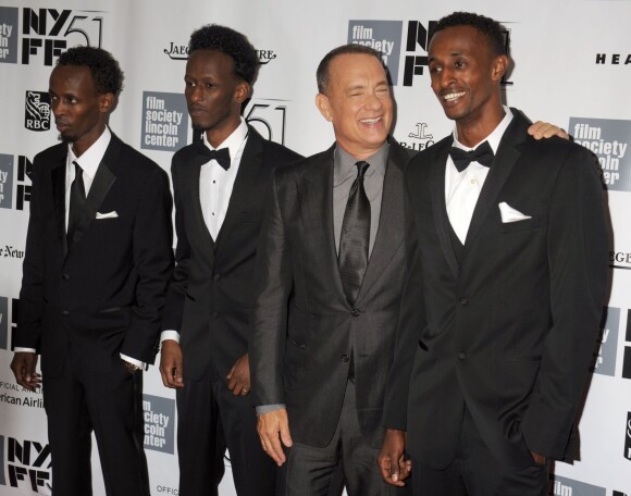 Barkhad Abdi, Mahat M. Ali, Tom Hanks et Faysal Ahmed lors de la cérémonie d'ouverture avec la présentation du film Capitaine Phillips au New York Film Festival, le 27 septembre 2013.