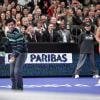Rory McIlroy et sa belle Caroline Wozniacki lors d'un match exhibition face à Maria Sharapova au Madison Square Garden de New York, le 5 mars 2012