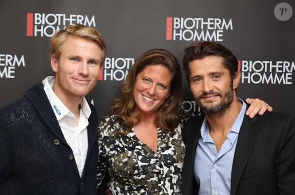 Blandine Franc, directrice marketing de Biotherm Homme, avec Bixente Lizarazu et le navigateur François Gabart, nouveaux ambassadeurs de la marque à Paris le 15 octobre 2013 - Exclusif