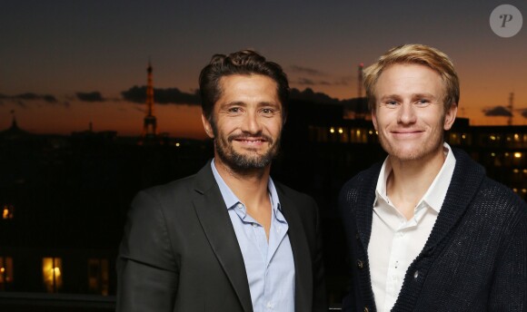 Bixente Lizarazu et le navigateur Francois Gabart, nouveaux ambassadeurs de la marque Biotherm Homme à Paris le 15 octobre 2013 - Exclusif