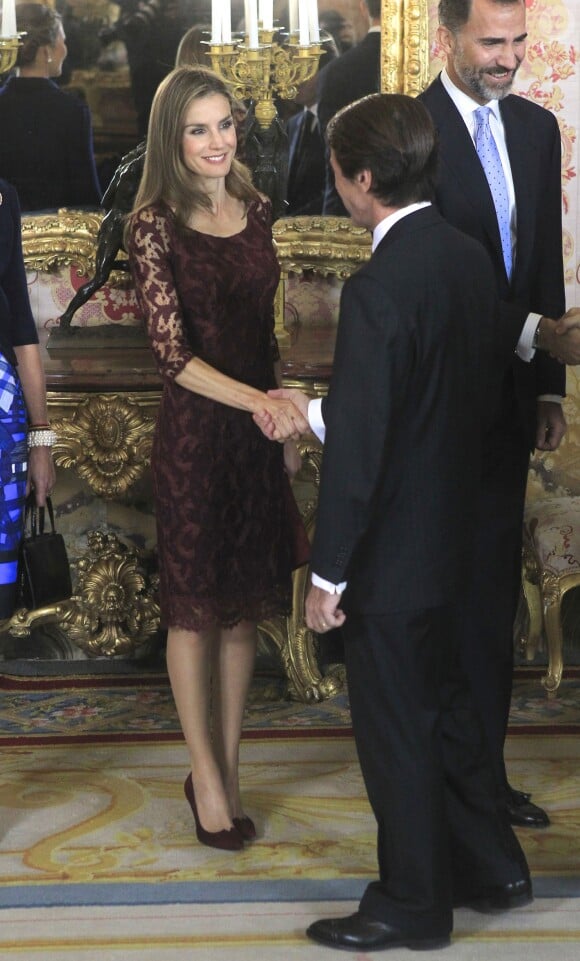 Letizia et Felipe d'Espagne à la Zarzuela le 12 octobre 2013 lors de la réception donnée pour la Fête nationale.