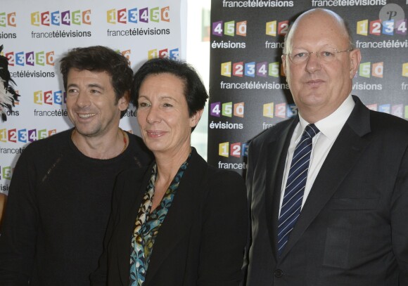Patrick Bruel (parrain), Laurence Tiennot-Herment (présidente de l'AFM-Téléthon) et Remy Pflimlin - Conférence de presse du Téléthon 2013 chez France Télévisions à Paris le 6 novembre 2013.