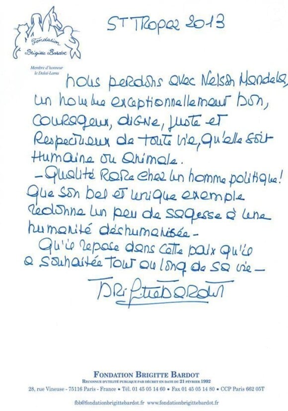 Lettre de Brigitte Bardot après la mort de Nelson Mandela le 6 décembre 2013.