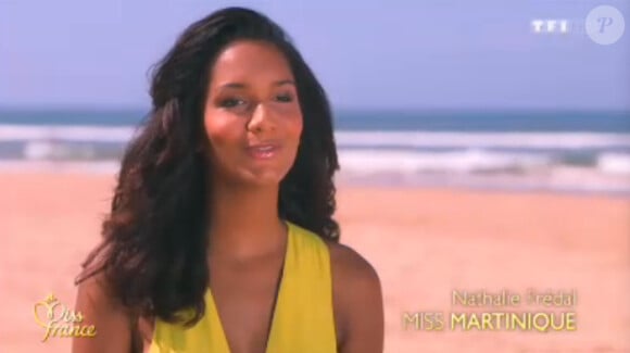 Nathalie Frédal, Miss Martinique : Portrait lors de l'élection Miss France 2014 sur TF1, en direct de Dijon, le 7 décembre 2013