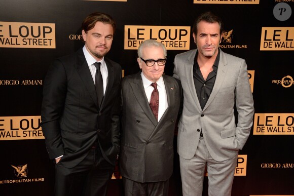 Leonardo DiCaprio, Martin Scorsese et Jean Dujardin à l'avant-première mondiale du film Le Loup de Wall Street au cinéma Gaumont Opéra à Paris le 9 décembre 2013.
