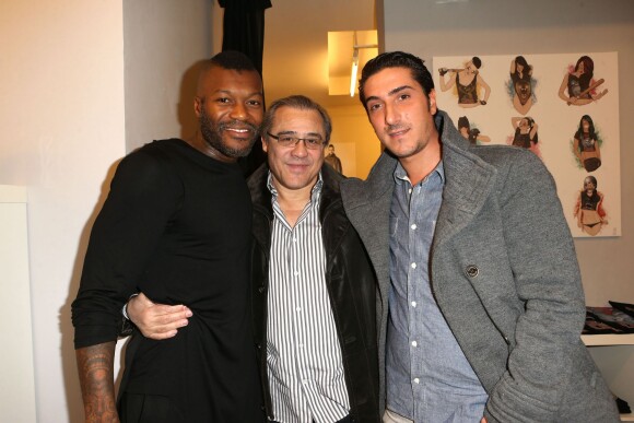 Exclusif - Djibril Cissé, Louis Acaries et son beau-fils à l'inauguration de la boutique éphémère Mr Lenoir, marque du footballeur, à la Galerie RTR à Paris, le 13 decembre 2013.