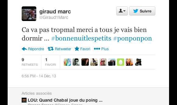 Tweet de Marc Giraud après le coup de poing mis par Sébastien Chabal lors d'Agen-LOU le 14 décembre 2013.