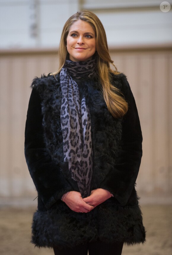 La princesse Madeleine de Suède, enceinte de six mois, aux Ecuries royales à Stockholm le 19 décembre 2013 pour la remise d'une bourse de la Fédération équestre suédoise.