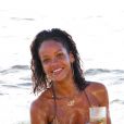 Rihanna, que Shakira trouve sexy, savoure une bière au bord de l'eau lors de ses vacances à la Barbade, le 28 décembre 2013.