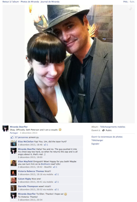Message Facebook posté par Miranda Doerfler pour officialiser sa relation avec Seth Peterson