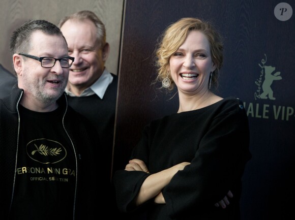 Lars von Trier et Uma Thurman lors de la conférence de presse de Nymphomaniac Volume I à la Berlinale, le 9 février 2014.