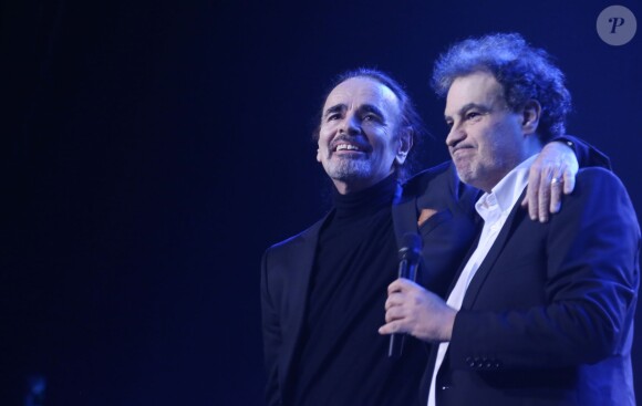 Nicolas Peyrac et Raphaël Mezrahi à la 2e édition de la "Nuit de la déprime" à l'Olympia, à Paris, le 10 février 2014.
