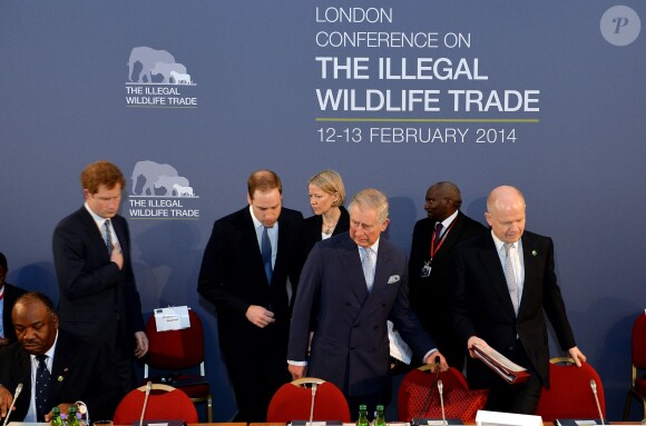 Le prince Charles et ses fils, le prince William et le prince Harry visitent une exposition sur le braconnage, avant d'assister à la conférence sur le commerce illicite de la faune à Lancaster House, à Londres, le 13 février 2014.