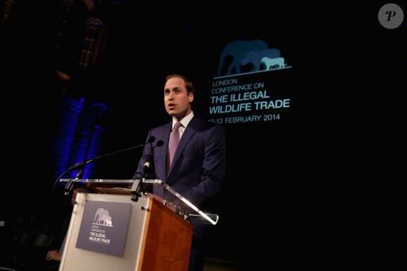 Le Prince William, duc de Cambridge fait un discours lors d'une réception pour la conférence du commerce illicite d'espèces sauvages au Musée d'Histoire Naturelle le 12 Février 2014 à Londres, en Angleterre.