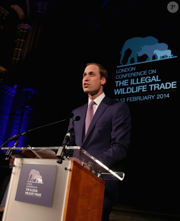 Le Prince William, duc de Cambridge fait un discours lors d'une réception pour la conférence du commerce illicite d'espèces sauvages au Musée d'Histoire Naturelle le 12 Février 2014 à Londres, en Angleterre.