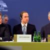 (Left - right) Prince Harry with the Duke of Cambridge and the Prince of Wales, as they listen to speeches by foreign leaders at the Illegal Wildlife Trade Conference held at Lancaster House in London, UK on Thursday February 13, 2014. It is hoped that following discussions at the conference, nations will sign a declaration that will commit them to a range of goals to combat the poaching that is threatening animals like tigers, elephants and rhinos. Photo by John Stillwell/PA Wire/ABACAPRESS.COM13/02/2014 - London
