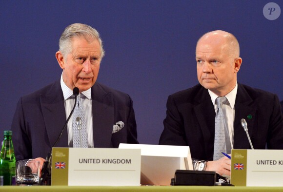Le prince Charles et ses enfants, le prince William et le prince Harry à la conférence sur le commerce illicite de la faune à Lancaster House, à Londres, le 13 février 2014.