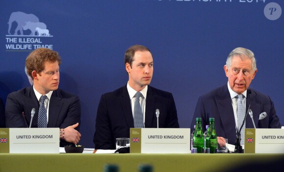 Le prince Charles et ses enfants, le prince William et le prince Harry à la conférence sur le commerce illicite de la faune à Lancaster House, à Londres, le 13 février 2014.