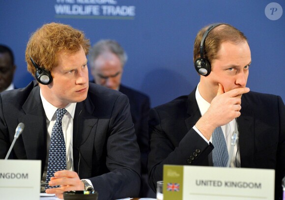 Le prince Charles et ses enfants, le prince William et le prince Harry à la conférence sur le commerce illicite de la faune à Lancaster House, à Londres, le 13 février 2014.