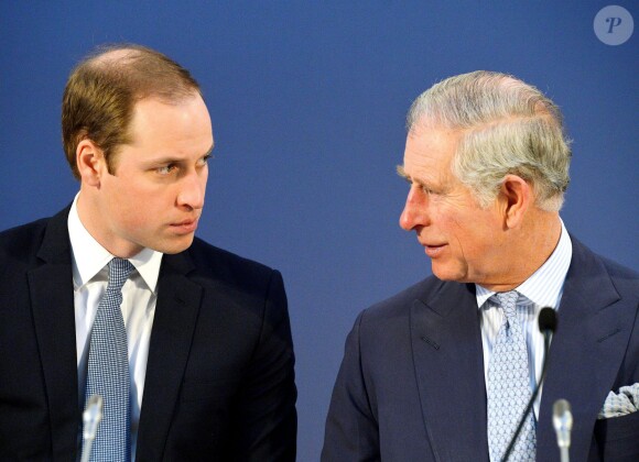 Le prince Charles et ses enfants, le prince William et le prince Harry à la conférence sur le commerce illicite de la faune à Lancaster House, à Londres, le 13 février 2014.