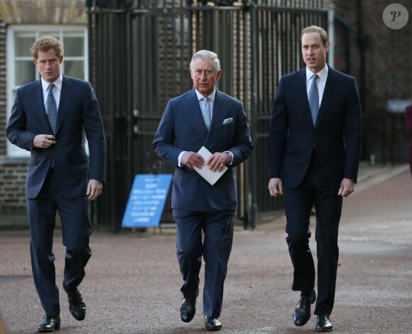 Le prince Charles et ses enfants, le prince William et le prince Harry à la conférence sur le commerce illicite de la faune à Lancaster House, à Londres, le 13 février 2014.