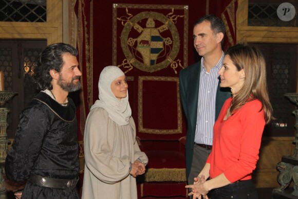 Letizia et Felipe d'Espagne ont assisté à la fin du tournage de la saison 3 de la série historique Isabel, le 19 février 2014 à Madrid.