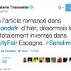 Valérie Trierweiler publie un message sur le "Vanity Fair" espagnol le 21 février 2014 sur Twitter.