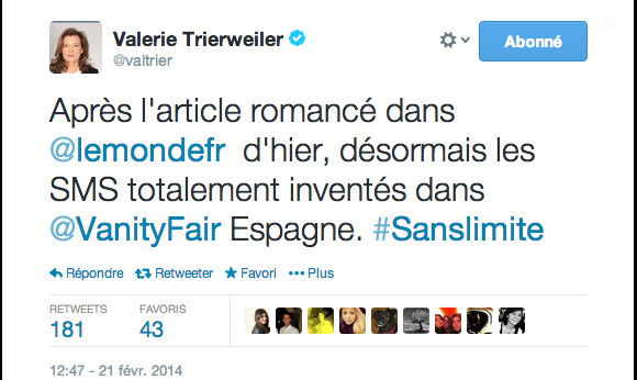 Valérie Trierweiler publie un message sur le "Vanity Fair" espagnol le 21 février 2014 sur Twitter.