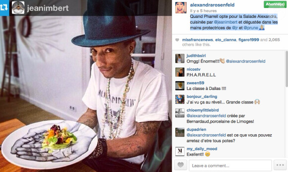 Alexandra Rosenfeld poste une photo de Pharrell Williams mangeant la salade Alexandra de Jean Imbert, le 24 février 2014