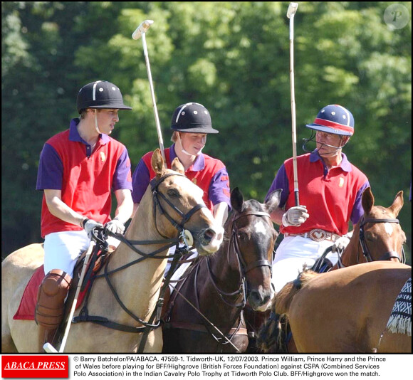 Le prince Charles et ses fils les princes William et Harry lors d'un tournoi de polo en juillet 2003