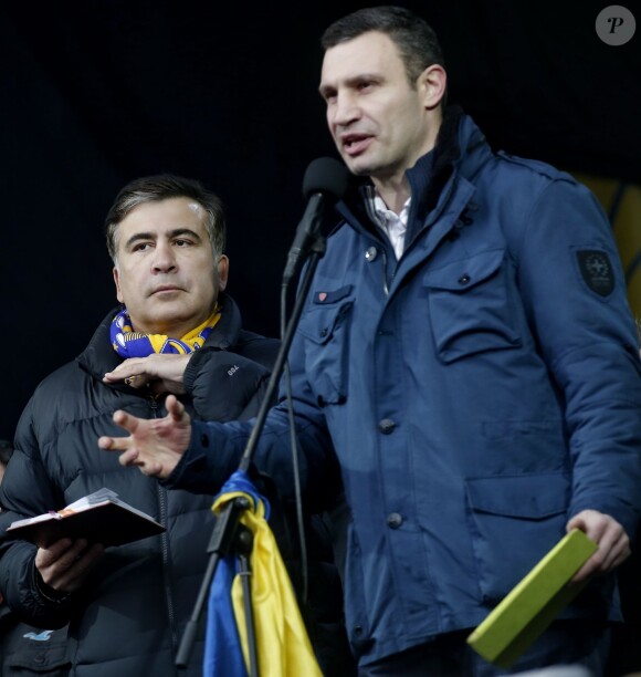 Vitali Klitschko et l'ancien président géorgien Mikhail Saakashvili à Kiev le 2 mars 2014