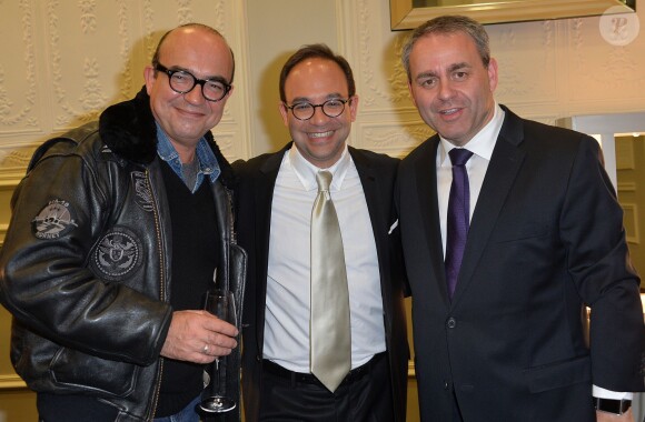 Karl Zero, Franck Melloul (PDG de i24News) et Xavier Bertrand - Soirée de la chaîne I24News au Pavillon Cambon à Paris, le 12 mars 2014.