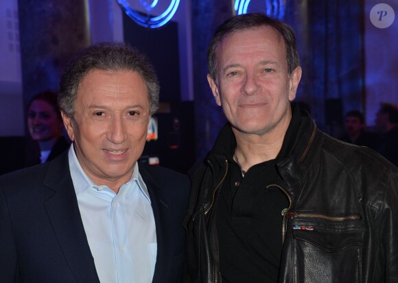 Michel Drucker et Francis Huster - Soirée de la chaîne I24News au Pavillon Cambon à Paris, le 12 mars 2014.