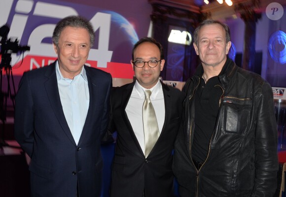 Michel Drucker, Franck Melloul (PDG de i24News) et Francis Huster - Soirée de la chaîne I24News au Pavillon Cambon à Paris, le 12 mars 2014.