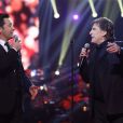 EXCLU - Laurent Gerra et Serge Lama lors de l'enregistrement de l'émission TV pour France 2, "Le Grand Show" de Michel Drucker avec en invité d'honneur Serge Lama, qui sera diffusée le 22 mars 2014 sur France 2, le 10 mars 2014.