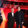EXCLU - Charles Aznavour et Serge Lama lors de l'enregistrement de l'émission TV pour France 2, "Le Grand Show" de Michel Drucker avec en invité d'honneur Serge Lama, qui sera diffusée le 22 mars 2014 sur France 2, le 10 mars 2014.