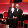 EXCLU - Michel Drucker et Charles Aznavour lors de l'enregistrement de l'émission TV pour France 2, "Le Grand Show" de Michel Drucker avec en invité d'honneur Serge Lama, qui sera diffusée le 22 mars 2014 sur France 2, le 10 mars 2014.