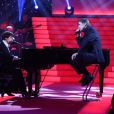 EXCLU - Marie-Paule Belle et Serge Lama lors de l'enregistrement de l'émission TV pour France 2, "Le Grand Show" de Michel Drucker avec en invité d'honneur Serge Lama, qui sera diffusée le 22 mars 2014 sur France 2, le 10 mars 2014.