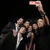 Exclusif - Patrick Fiori, Emmanuel Moire, Vincent Niclo, Virginie Guilhaume, Patrick Bruel et Pascal Obispo faisant un selfie grâce à Pascal Obispo lors de l'enregistrement de l'émission TV pour France 2, "Le Grand Show" de Michel Drucker avec en invité d'honneur Serge Lama, qui sera diffusée le 22 mars 2014