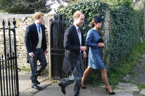 Kate Middleton, le prince William et le prince Harry au mariage de Lucy Meade et Charlie Budgett le 29 mars 2014