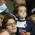 Pierre Sarkozy, Jean Sarkozy et son fils Solal - Au Parc des Princes pour le match PSG-Chelsea en quart de final de la Ligue des Champions, à Paris le 2 avril 2014.