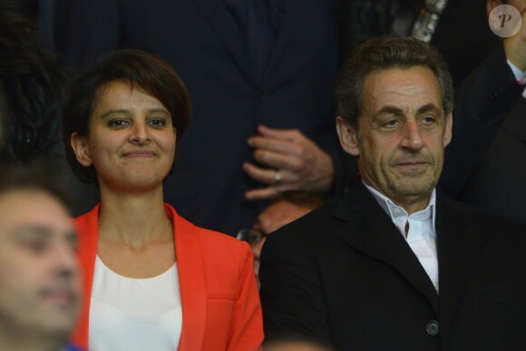 Najat Vallaud-Belkacem et Nicolas Sarkozy - Au Parc des Princes pour le match PSG-Chelsea en quart de final de la Ligue des Champions, à Paris le 2 avril 2014.