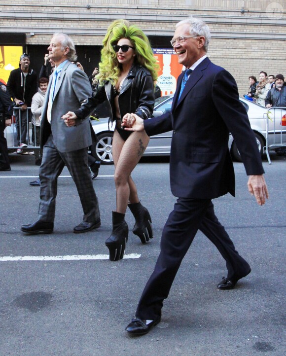 David Letterman, Bill Murray et Lady Gaga à New York, le 2 avril 2014.