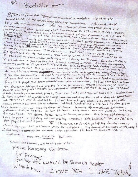 La lettre laissée par Kurt Cobain avant son suicide le 5 avril 1994 à Seattle.