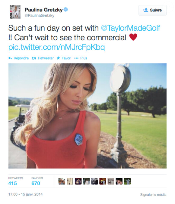 Paulina Gretzky a tweeté une image - pulpeuse - de la réalisation d'une pub pour TaylorMade, en janvier 2014.